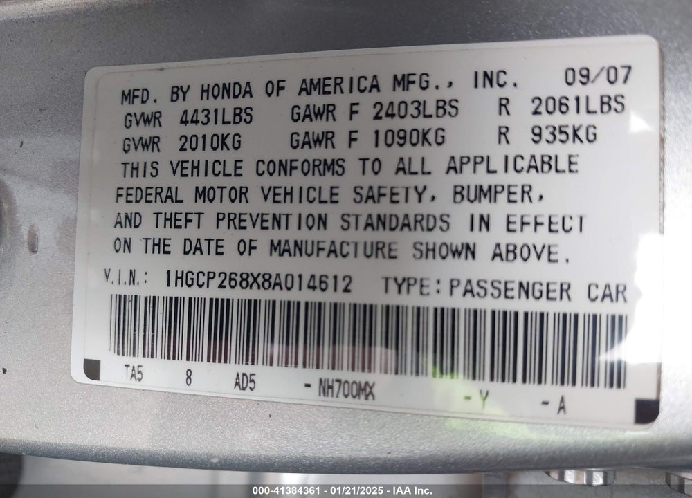 2008 HONDA ACCORD 2.4 EX-L VIN: 1HGCP268X8A014612