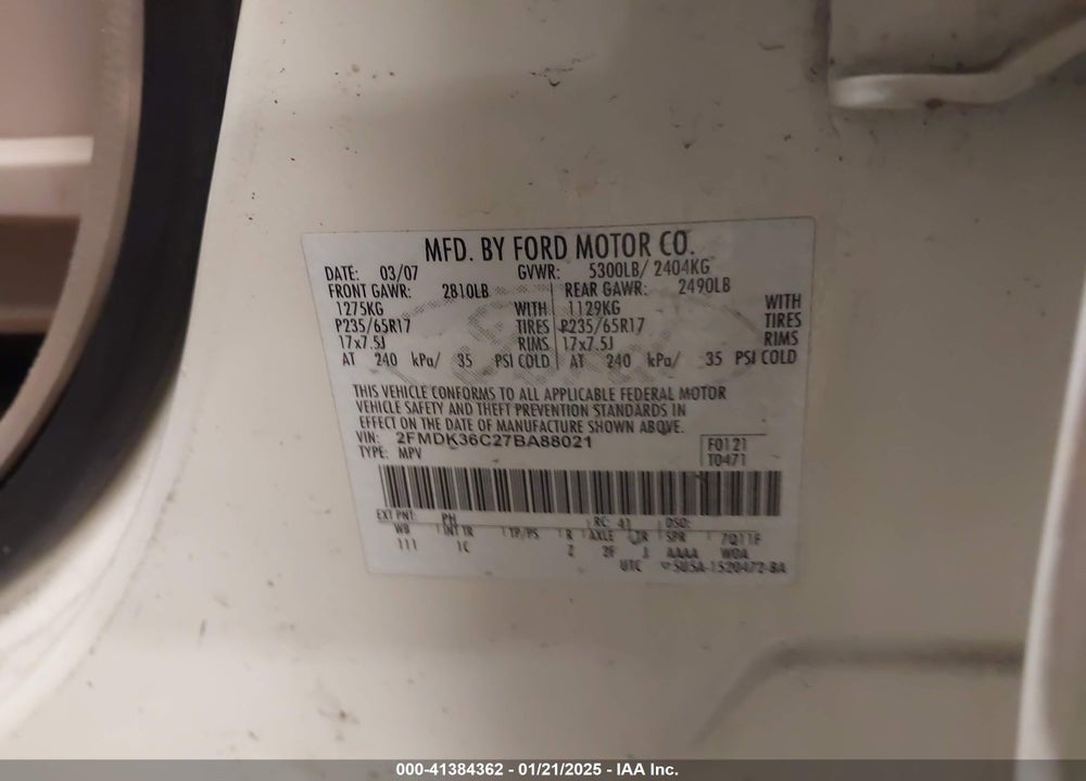 2007 FORD EDGE SE VIN: 2FMDK36C27BA88021
