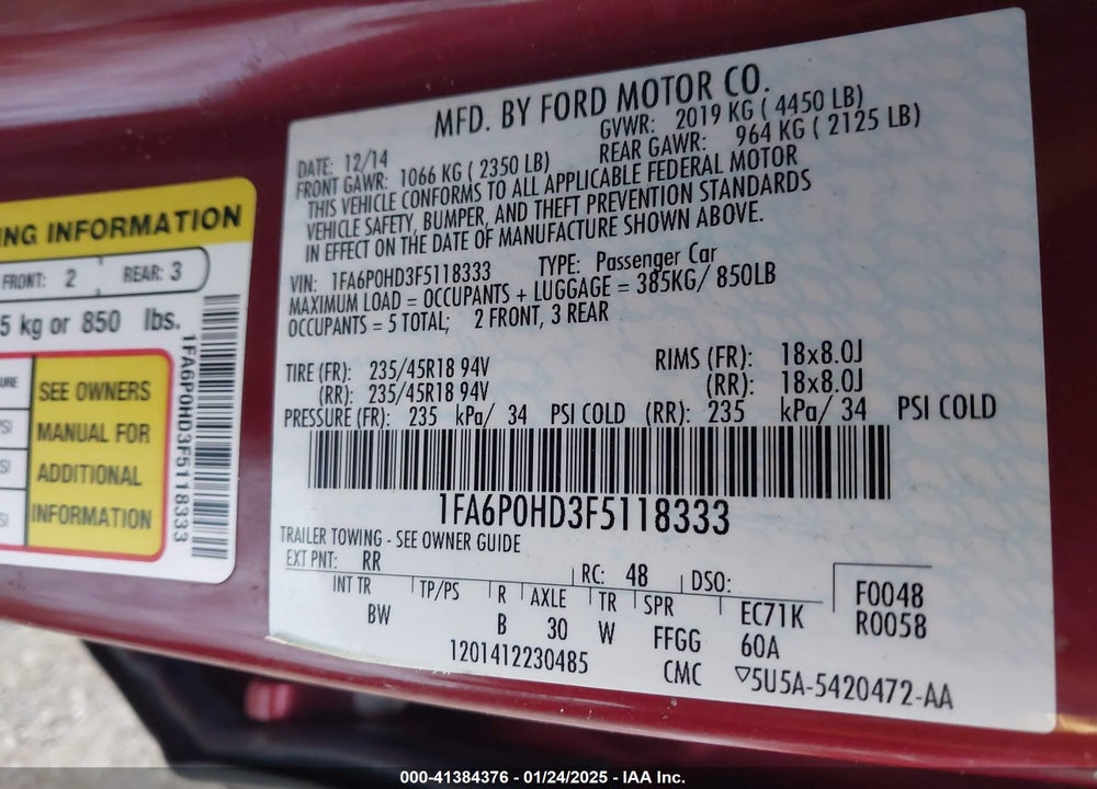 2015 FORD FUSION VIN: 1FA6P0HD3F5118333