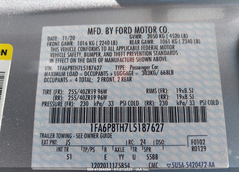 2020 FORD MUSTANG VIN: 1FA6P8TH7L5187627