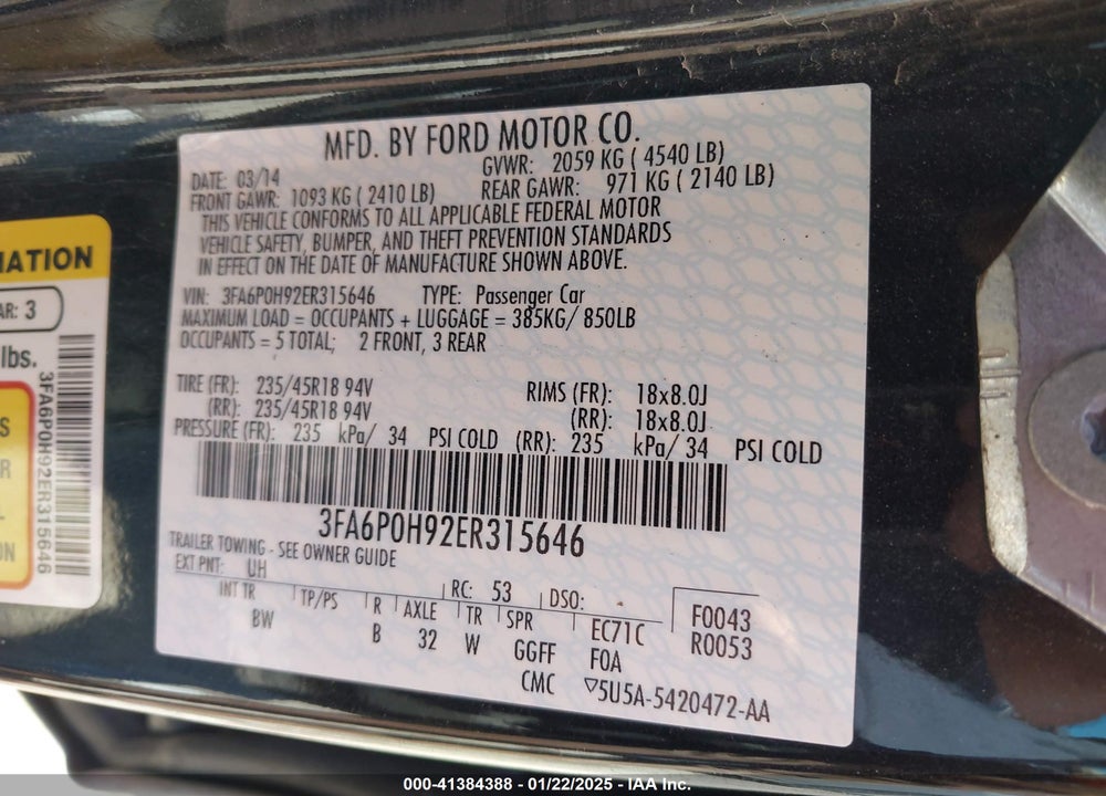 2014 FORD FUSION VIN: 3FA6P0H92ER315646