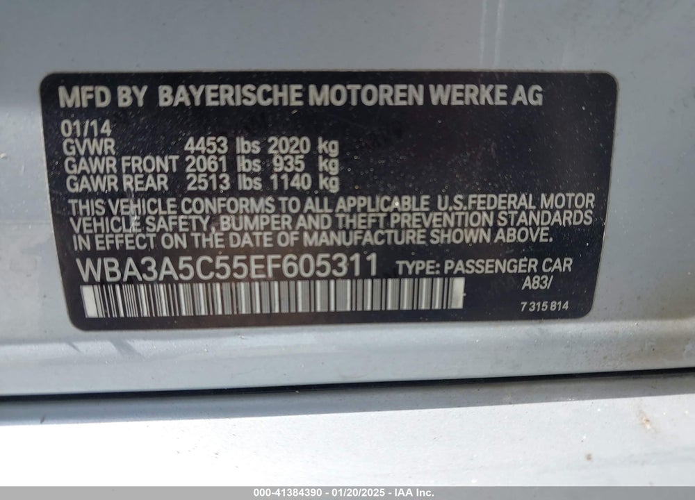 2014 BMW 328I VIN: WBA3A5C55EF605311