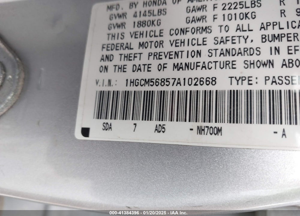 2007 HONDA ACCORD VIN: 1HGCM56857A102668