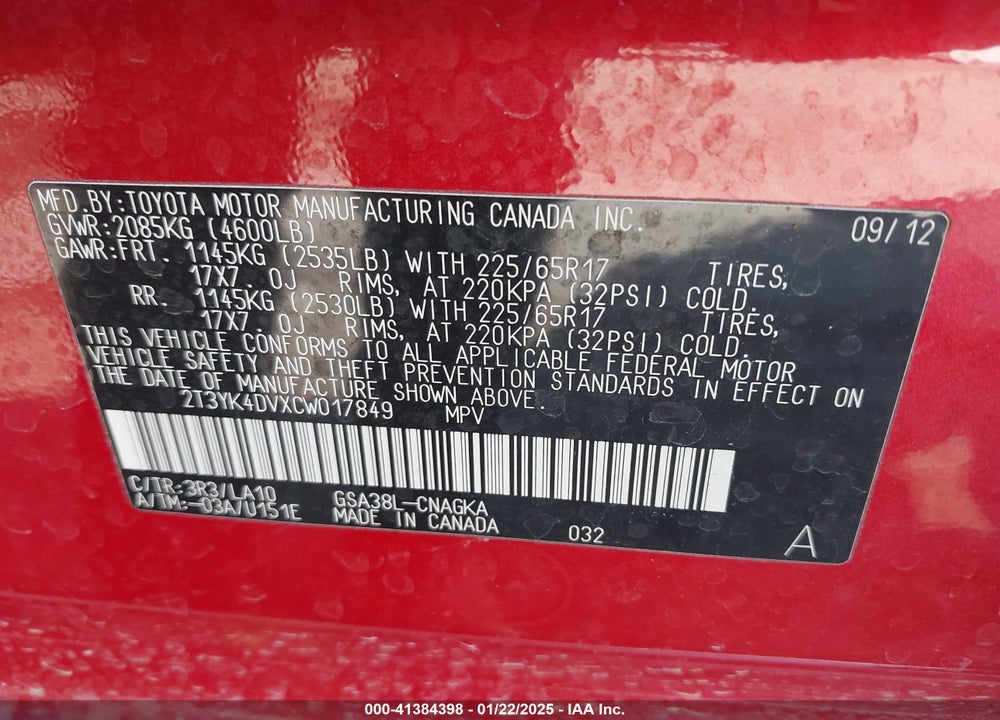 2012 TOYOTA RAV4 LIMITED V6 VIN: 2T3YK4DVXCW017849