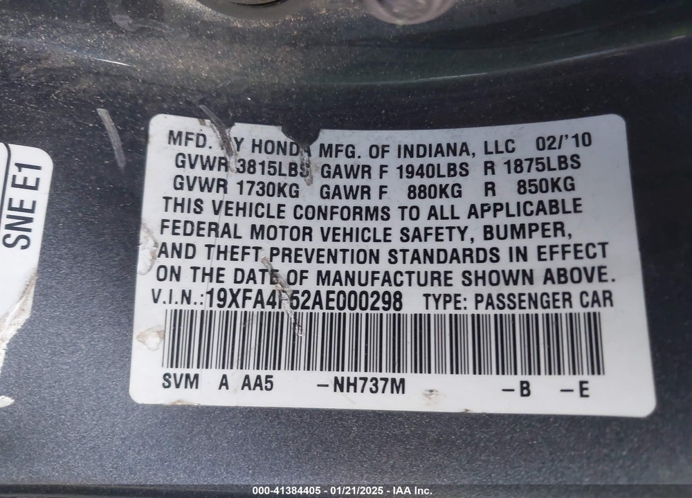 2010 HONDA CIVIC GX VIN: 19XFA4F52AE000298