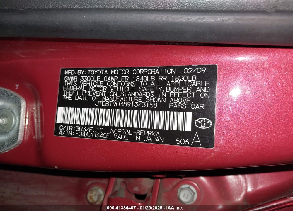 2009 TOYOTA YARIS VIN: JTDBT903891343158