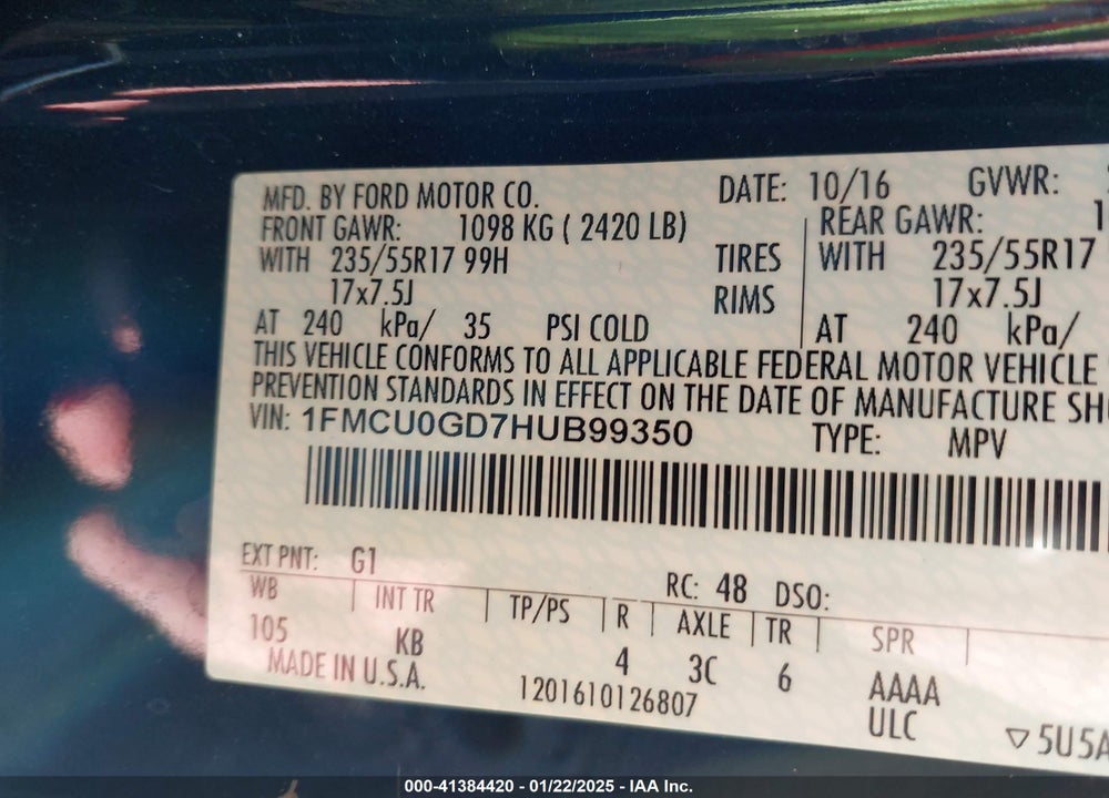 2017 FORD ESCAPE SE VIN: 1FMCU0GD7HUB99350