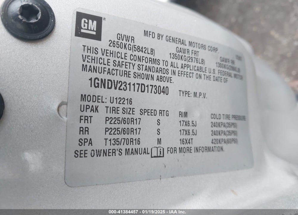 2007 CHEVROLET UPLANDER LS VIN: 1GNDV23117D173040