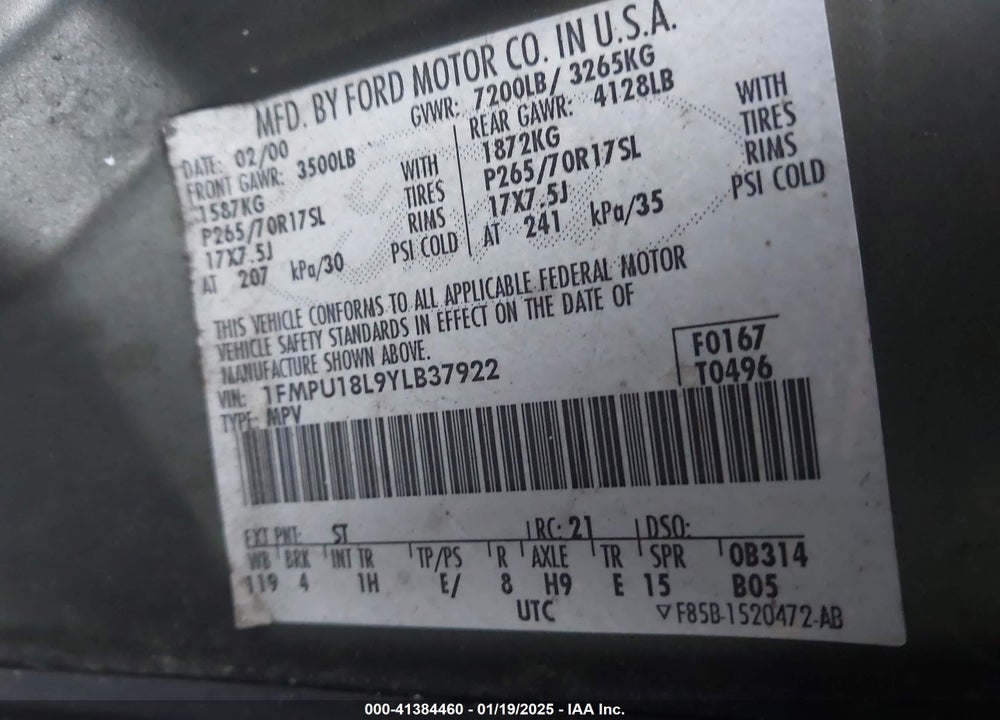 2000 FORD EXPEDITION EDDIE BAUER VIN: 1FMPU18L9YLB37922