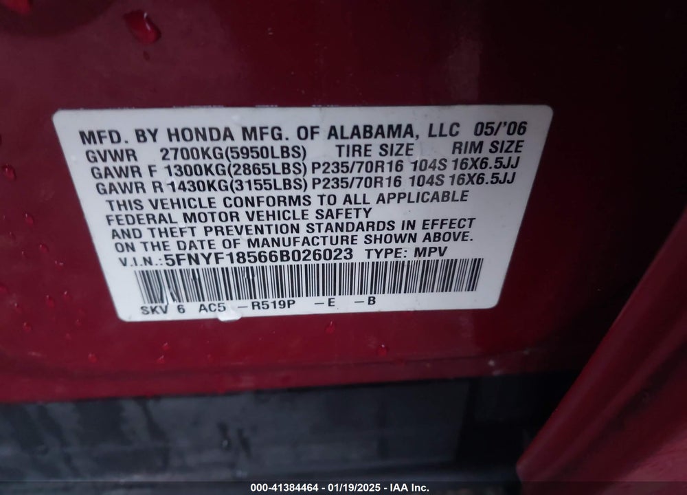 2006 HONDA PILOT EX-L VIN: 5FNYF18566B026023