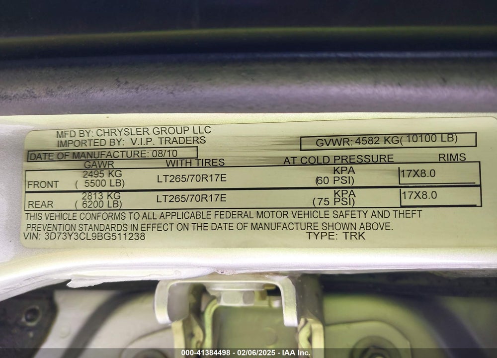 2011 RAM 3500 SLT VIN: 3D73Y3CL9BG511238