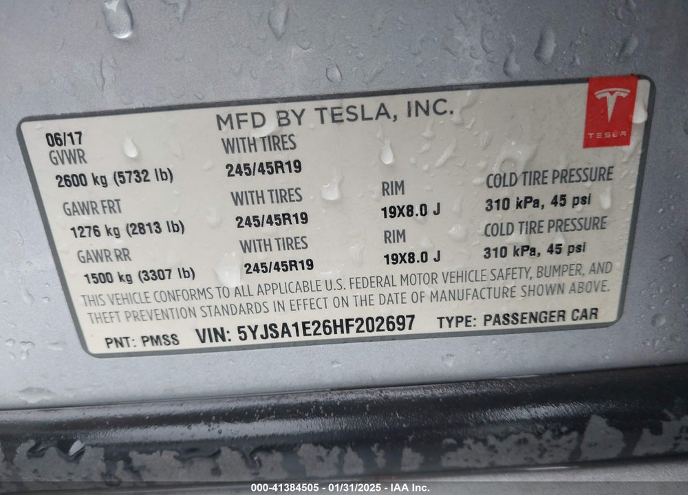 2017 TESLA MODEL S 100D/60D/75D/90D/P100D VIN: 5YJSA1E26HF202697