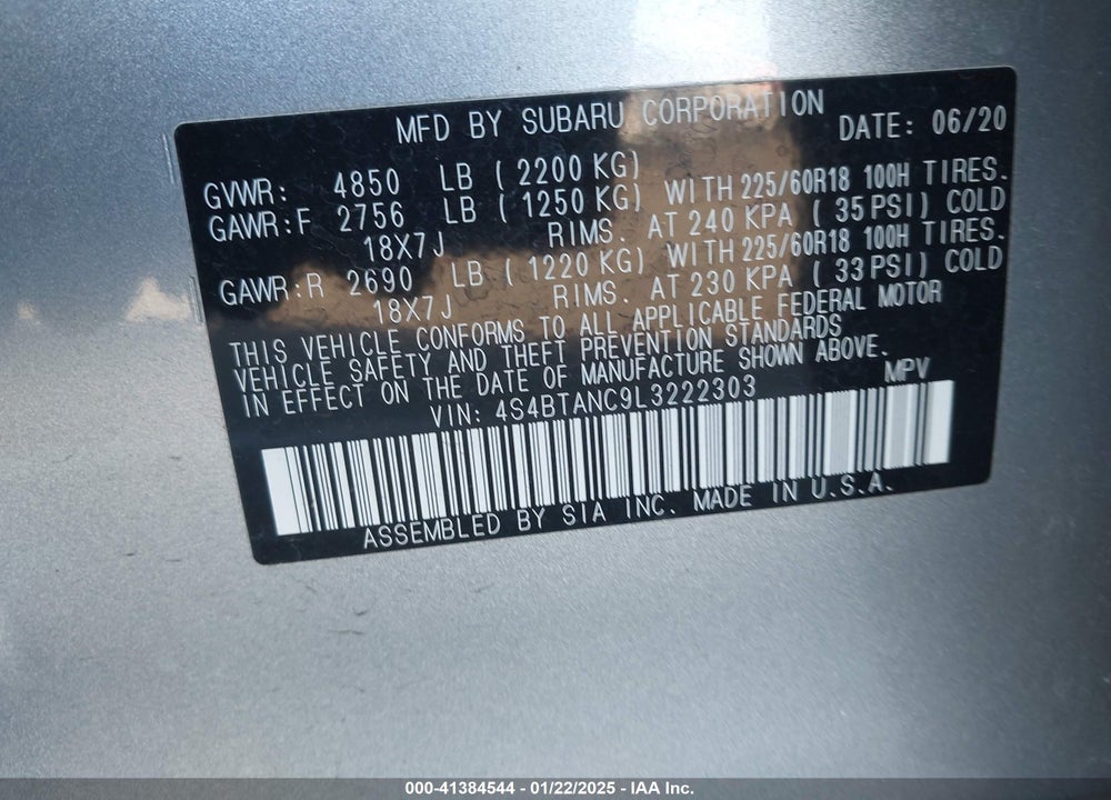 2020 SUBARU OUTBACK LIMITED VIN: 4S4BTANC9L3222303