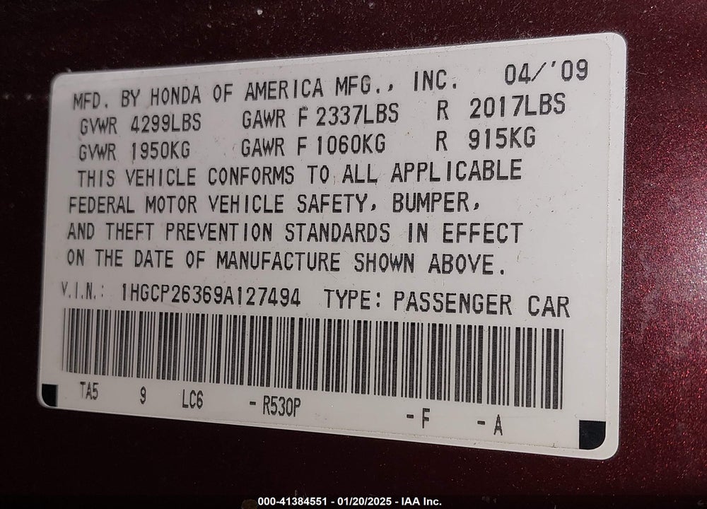 2009 HONDA ACCORD 2.4 LX VIN: 1HGCP26369A127494
