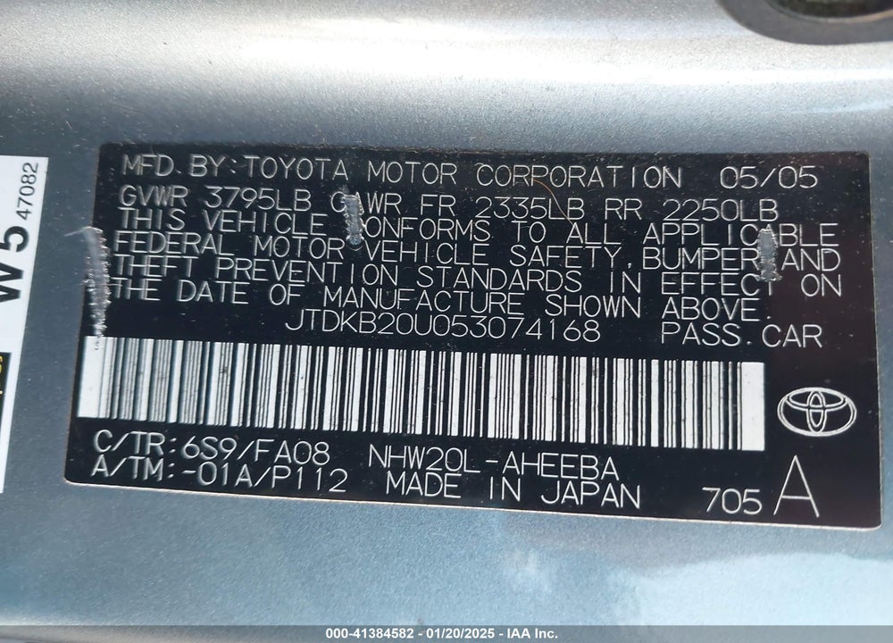 2005 TOYOTA PRIUS VIN: JTDKB20U053074168