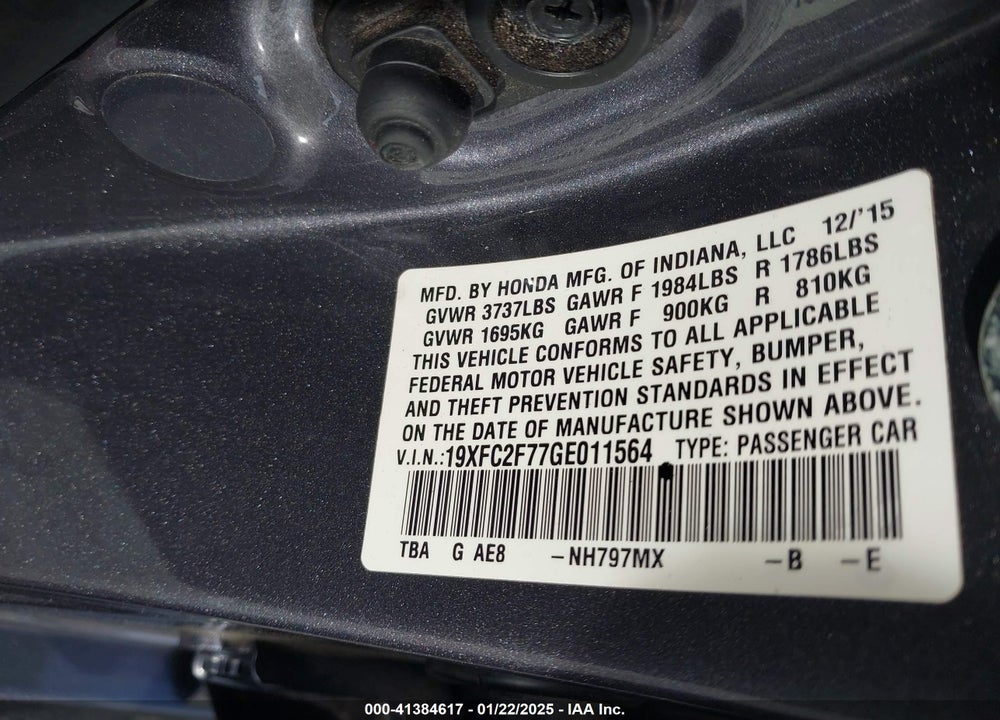 2016 HONDA CIVIC VIN: 19XFC2F77GE011564