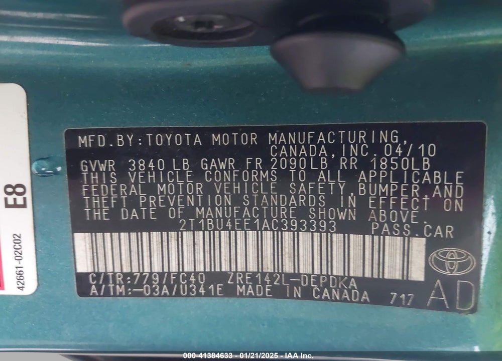 2010 TOYOTA COROLLA LE VIN: 2T1BU4EE1AC393393