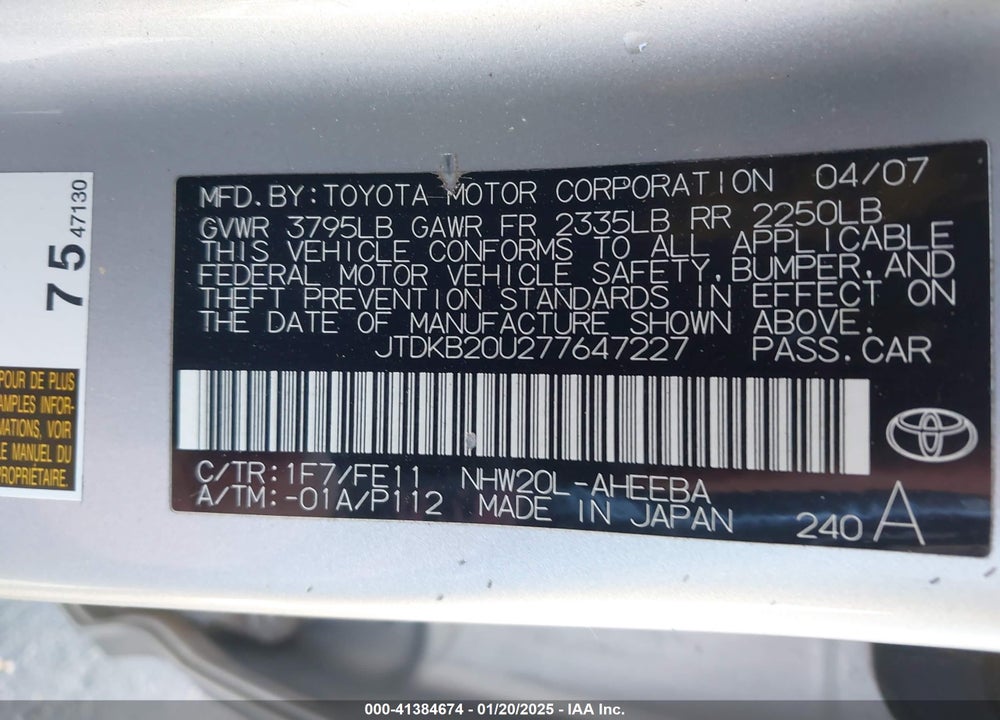 2007 TOYOTA PRIUS VIN: JTDKB20U277647227