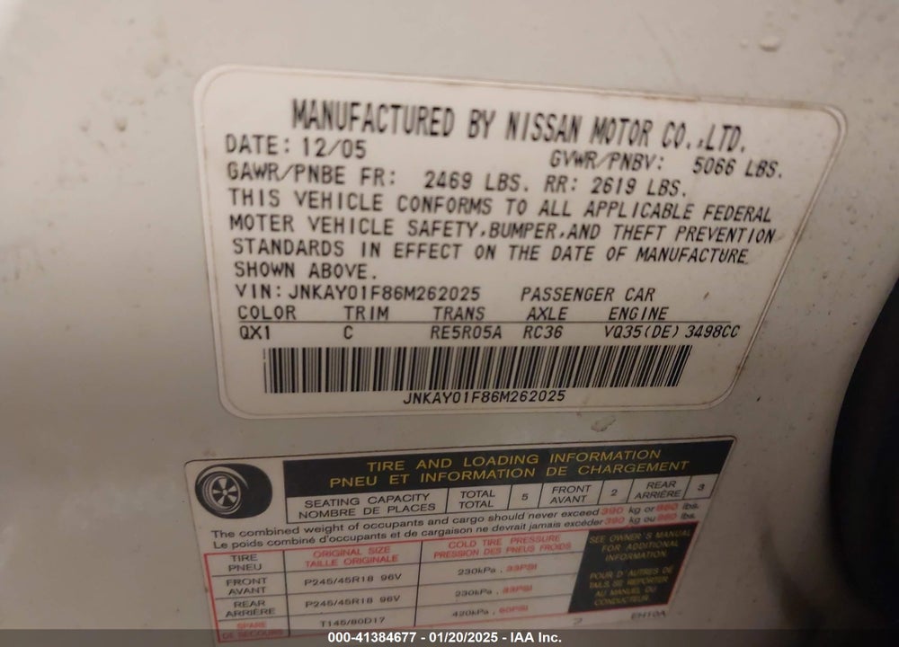 2006 INFINITI M35X VIN: JNKAY01F86M262025