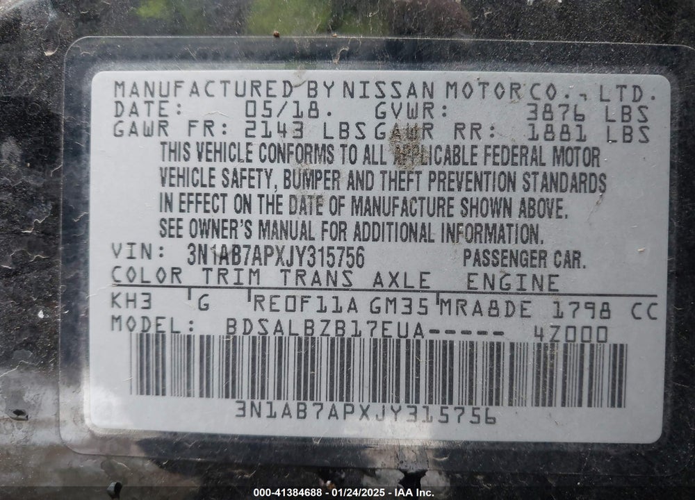 2018 NISSAN SENTRA VIN: 3N1AB7APXJY315756