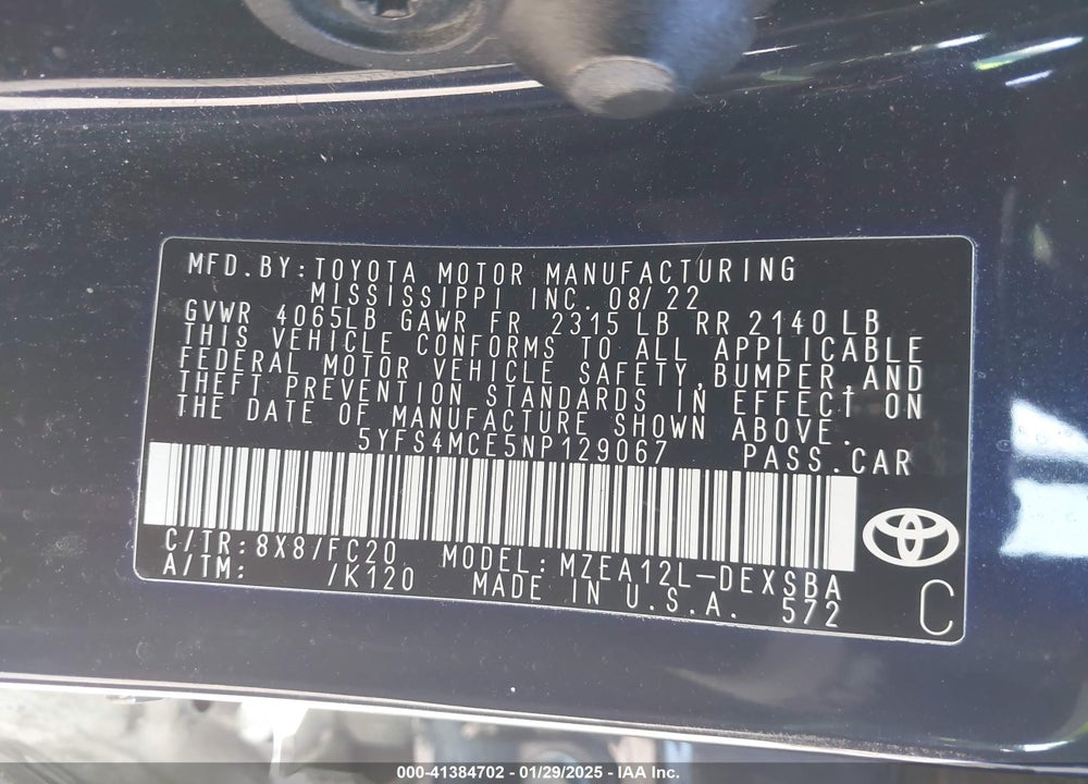 2022 TOYOTA COROLLA VIN: 5YFS4MCE5NP129067