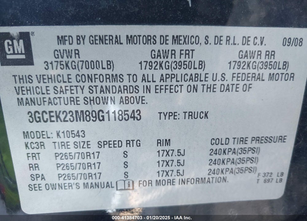 2009 CHEVROLET SILVERADO VIN: 3GCEK23M89G118543