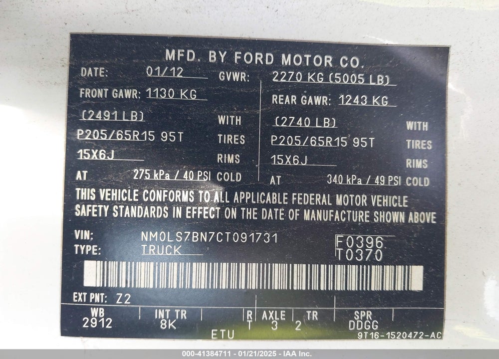 2012 FORD TRANSIT CONNECT XLT VIN: NM0LS7BN7CT091731