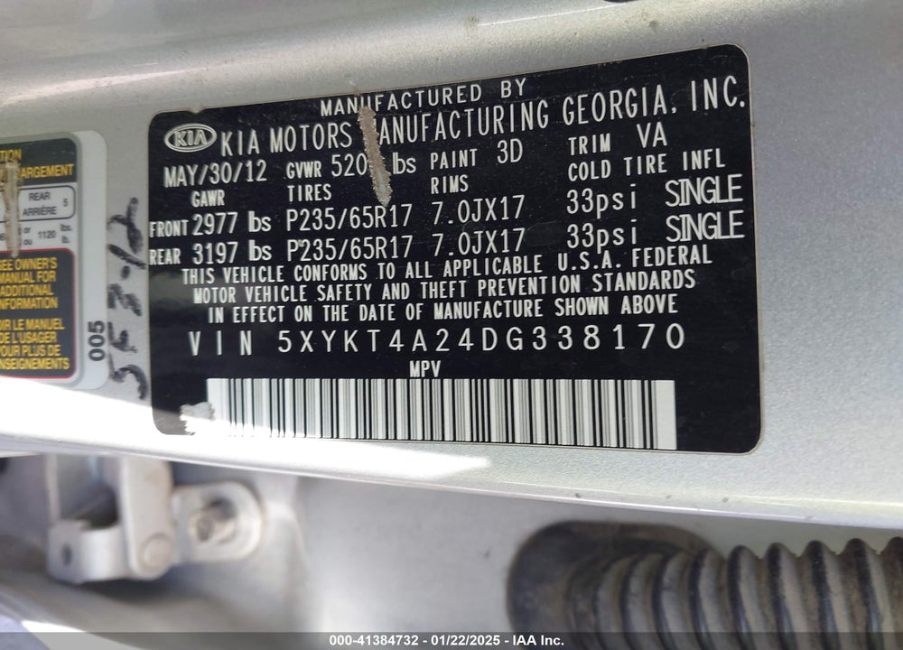 2013 KIA SORENTO LX V6 VIN: 5XYKT4A24DG338170