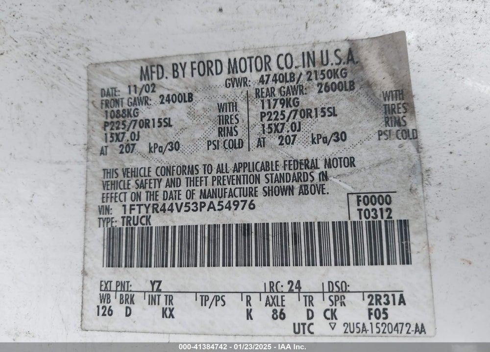 2003 FORD RANGER EDGE/TREMOR/XLT VIN: 1FTYR44V53PA54976