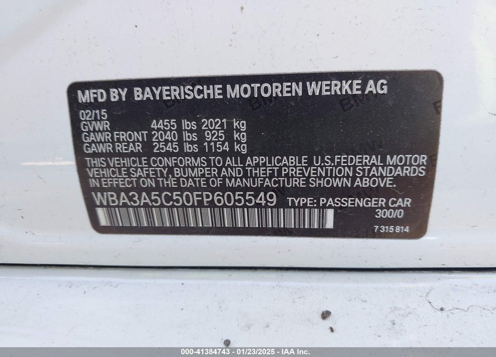 2015 BMW 328I VIN: WBA3A5C50FP605549