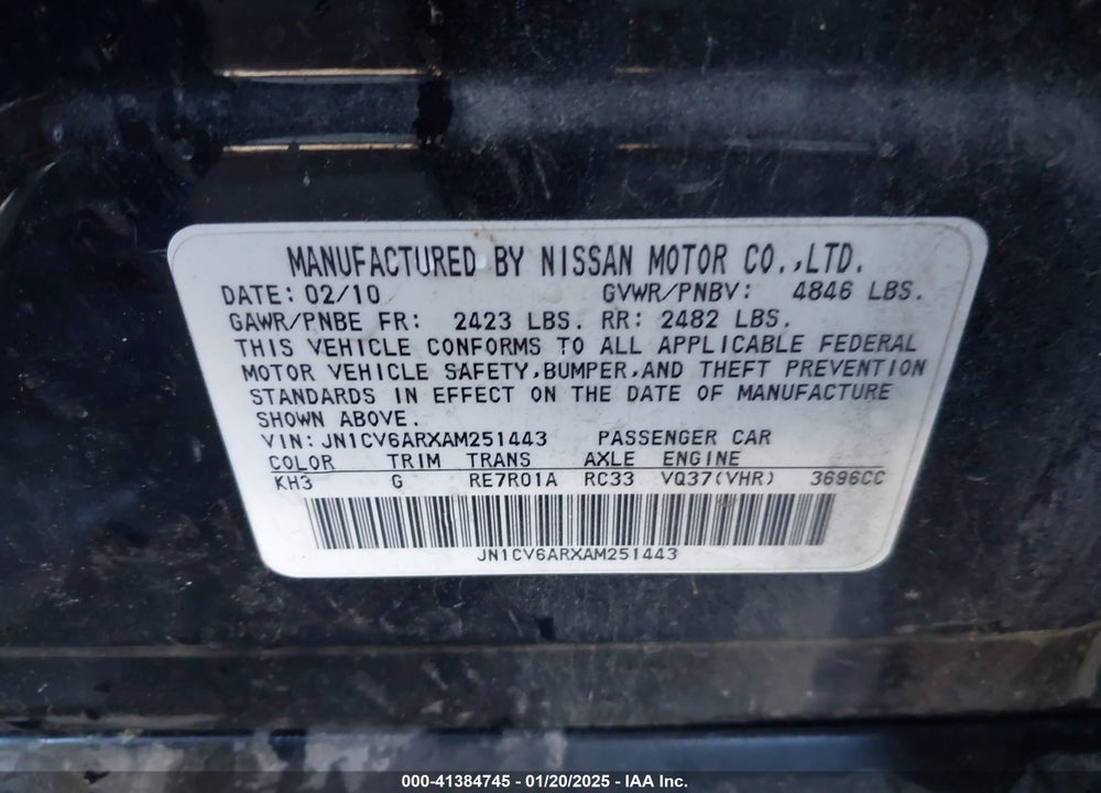 2010 INFINITI G37X VIN: JN1CV6ARXAM251443