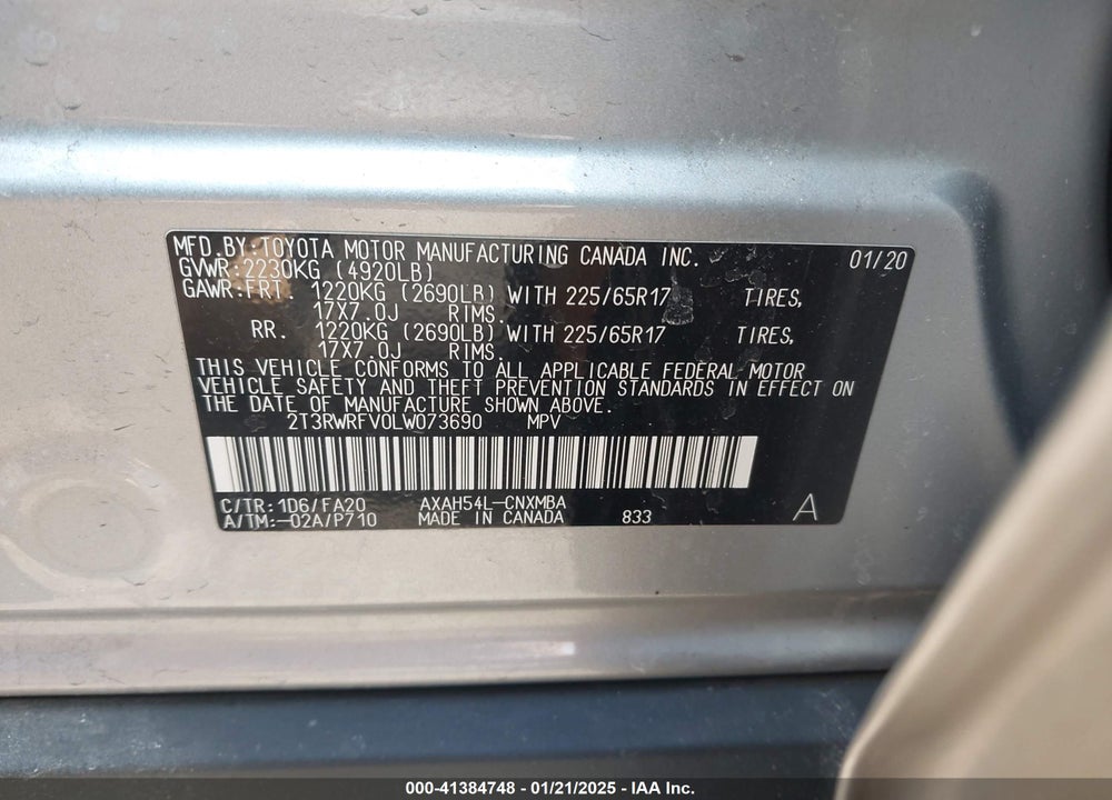 2020 TOYOTA RAV4 HYBRID XLE VIN: 2T3RWRFV0LW073690