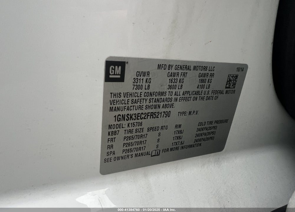 2015 CHEVROLET TAHOE SPECIAL VIN: 1GNSK3EC2FR521790