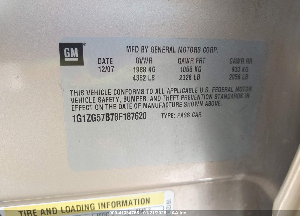2008 CHEVROLET MALIBU LS VIN: 1G1ZG57B78F187620
