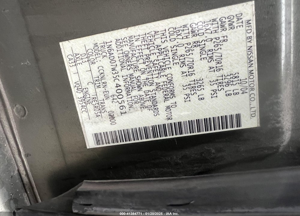 2005 NISSAN FRONTIER SE VIN: 1N6AD07W35C400561