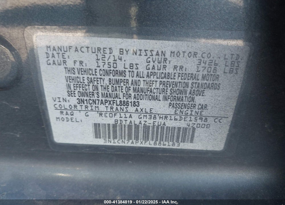 2015 NISSAN VERSA VIN: 3N1CN7APXFL886183