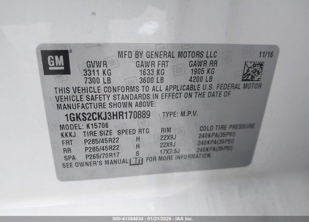 2017 GMC YUKON DENALI VIN: 1GKS2CKJ3HR170889