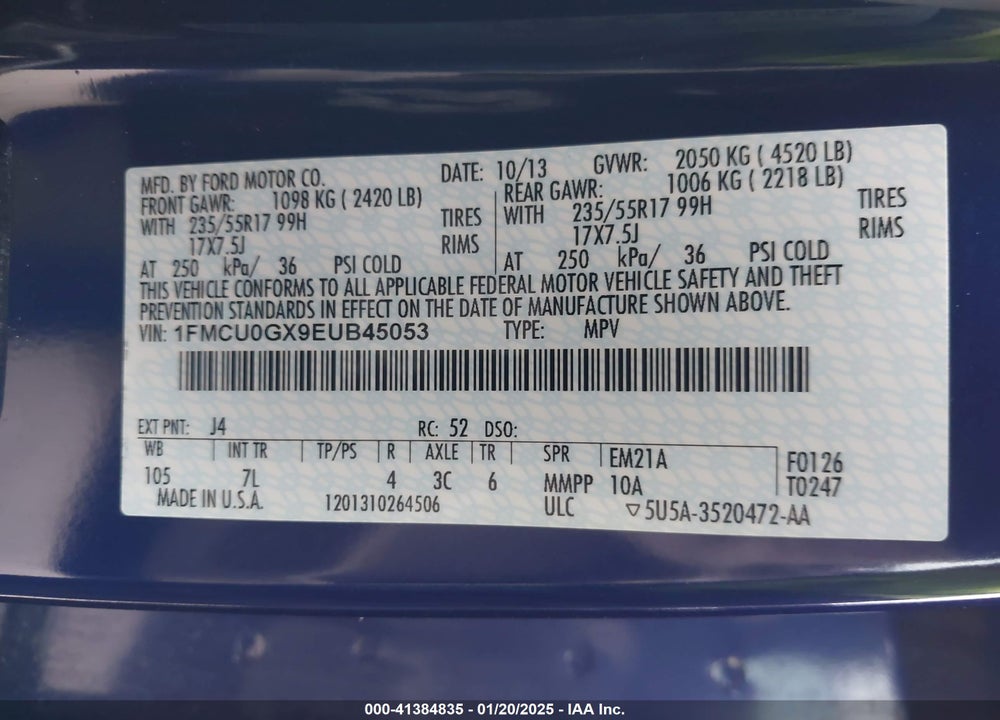 2014 FORD ESCAPE SE VIN: 1FMCU0GX9EUB45053