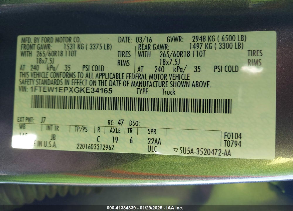 2016 FORD F150 VIN: 1FTEW1EPXGKE34165