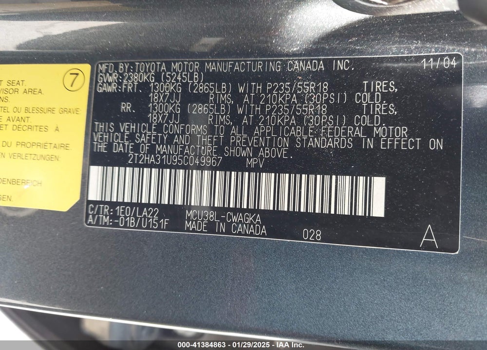 2005 LEXUS RX 330 VIN: 2T2HA31U95C049967