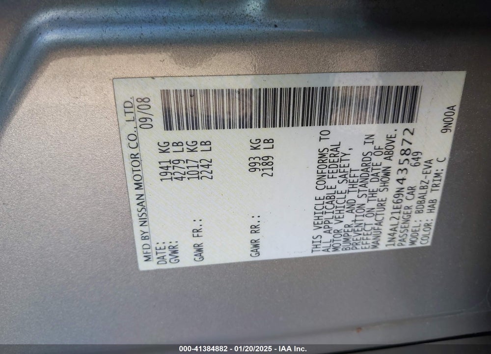 2009 NISSAN ALTIMA VIN: 1N4AL21E69N435872