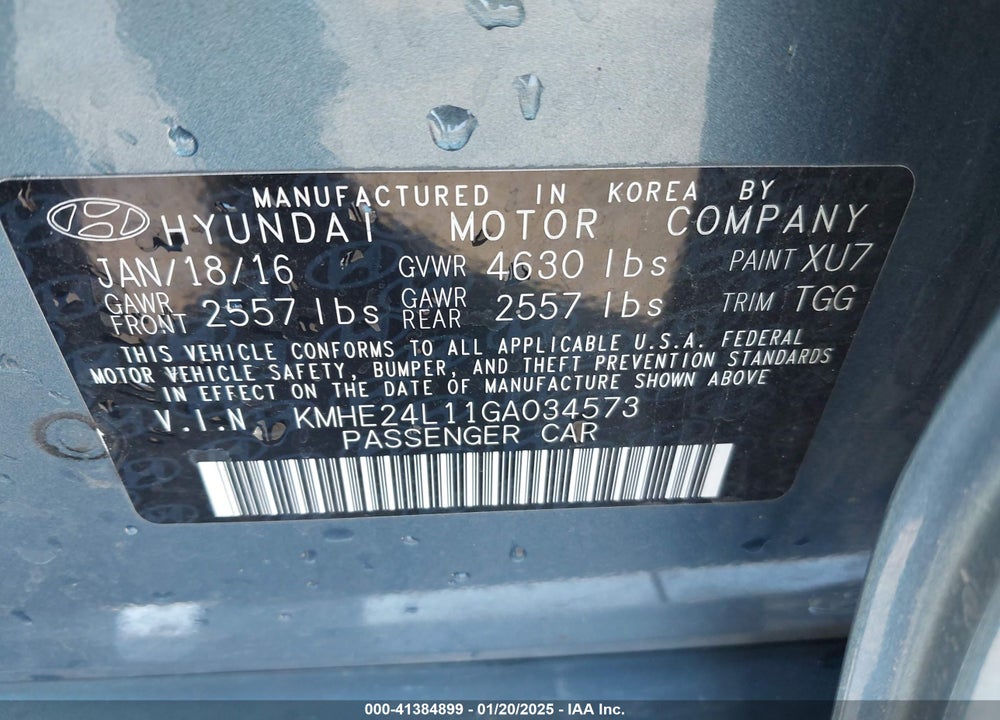 2016 HYUNDAI SONATA HYBRID VIN: KMHE24L11GA034573