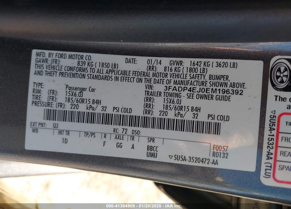 2014 FORD FIESTA VIN: 3FADP4EJ0EM196392