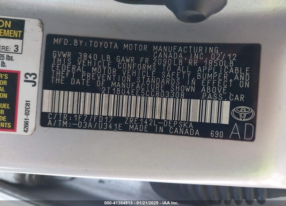 2012 TOYOTA COROLLA VIN: 2T1BU4EE5CC803308
