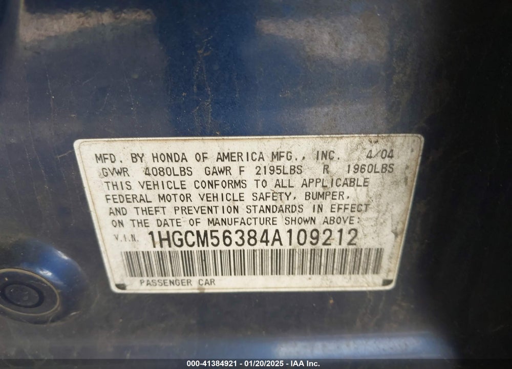2004 HONDA ACCORD 2.4 LX VIN: 1HGCM56384A109212