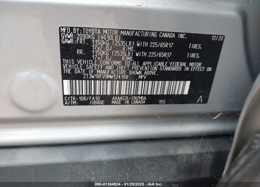 2021 TOYOTA RAV4 XLE VIN: 2T3W1RFV9MW124168