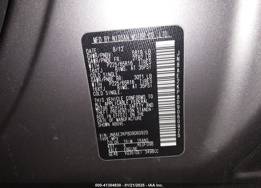 2013 NISSAN QUEST SV VIN: JN8AE2KP8D9060920