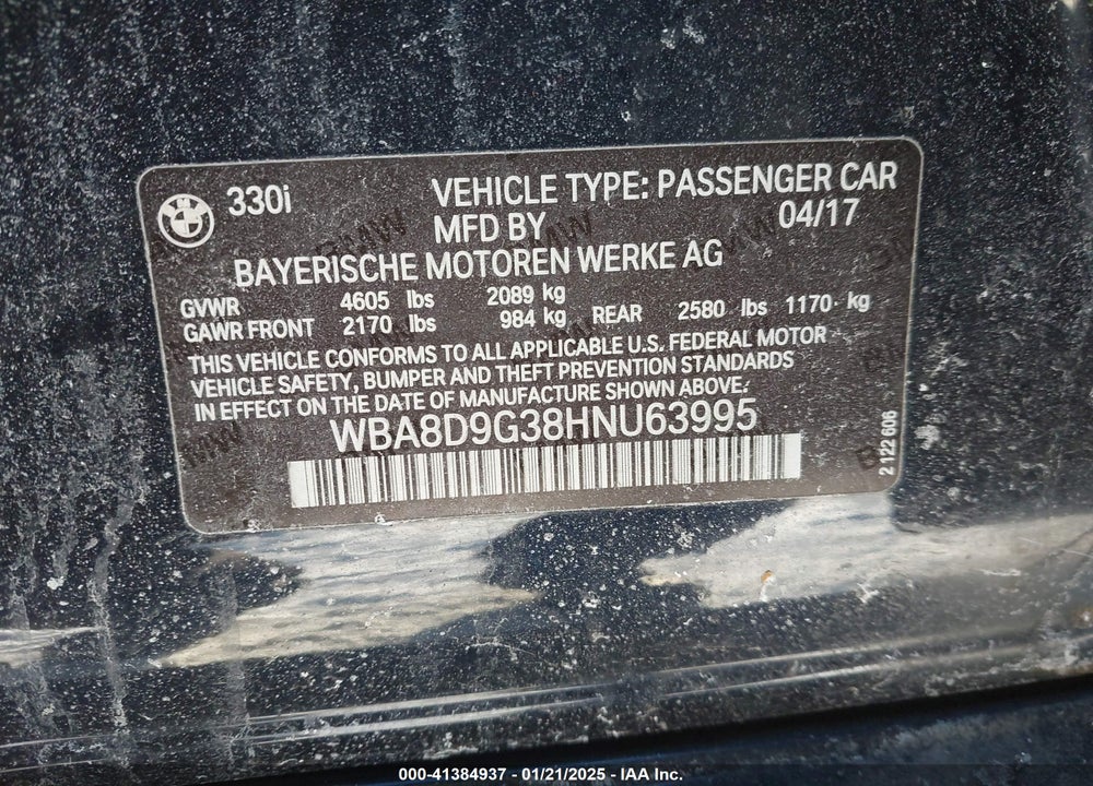 2017 BMW 330I XDRIVE VIN: WBA8D9G38HNU63995