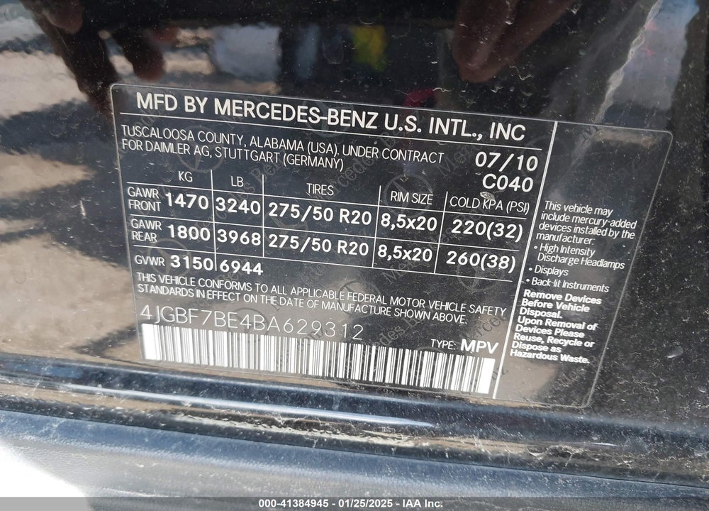 2011 MERCEDES-BENZ GL 450 VIN: 4JGBF7BE4BA629312