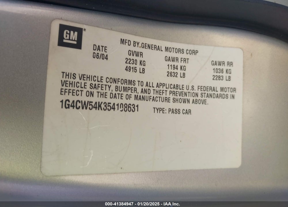 2005 BUICK PARK AVENUE VIN: 1G4CW54K354108631